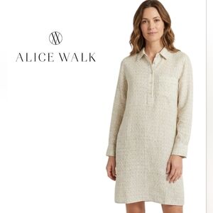 NWT Alice Walk Linen CottageCore Block Print  Minimalist Collared Midi Dress (L)